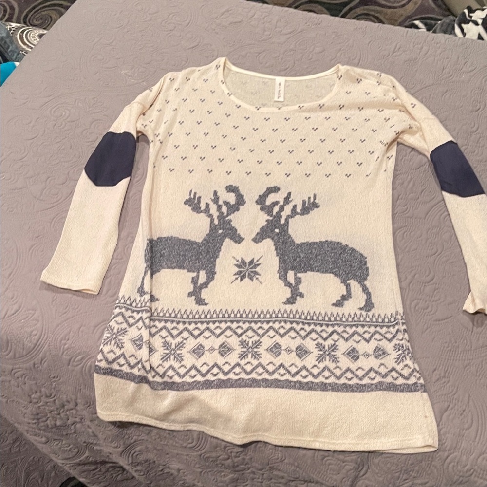 Women's Cream and Blue Reindeer Sweater